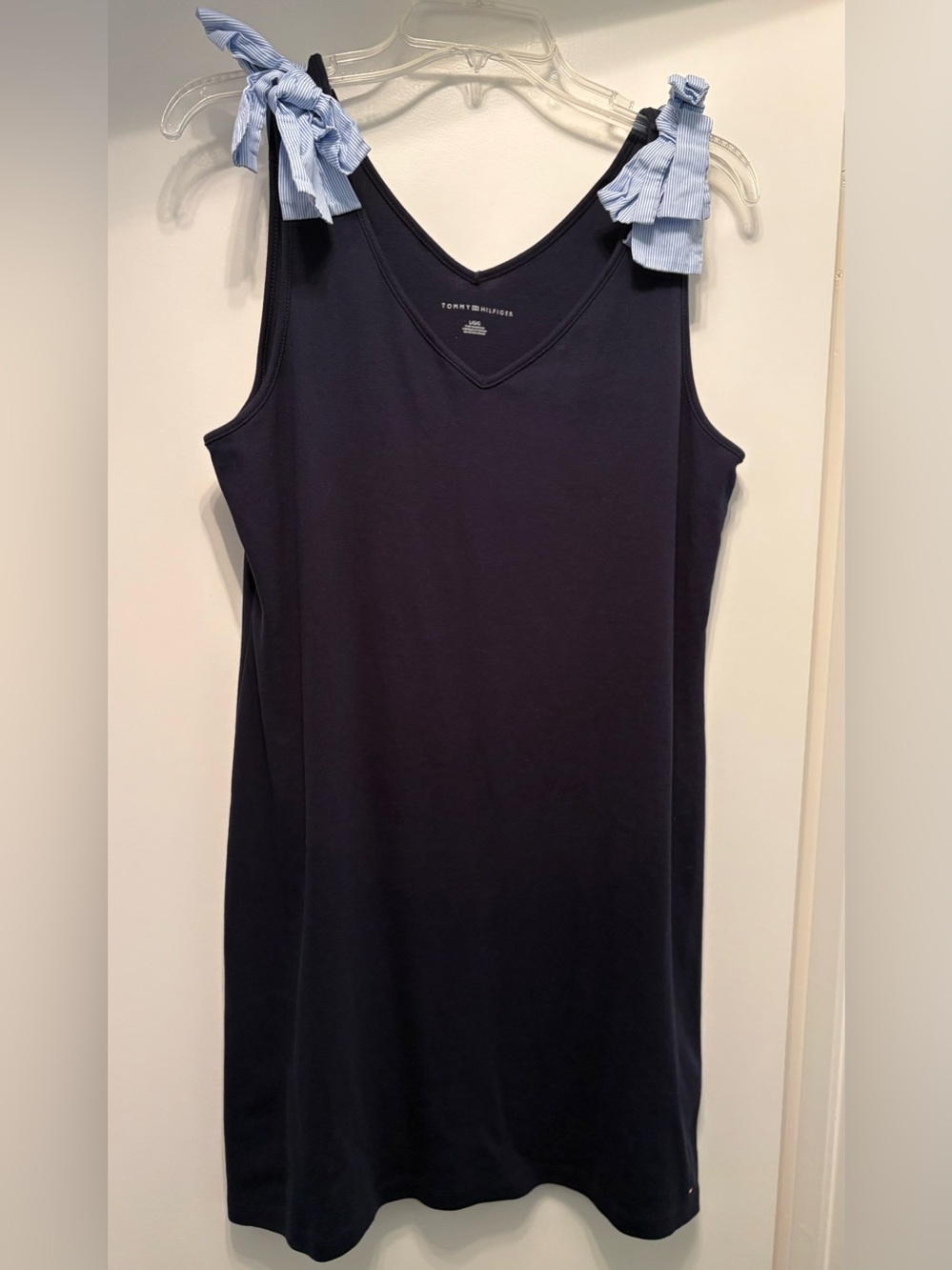 Tommy Hilfiger Navy V-Neck Sleeveless Midi Dress with Bow Shoulder Straps Size L